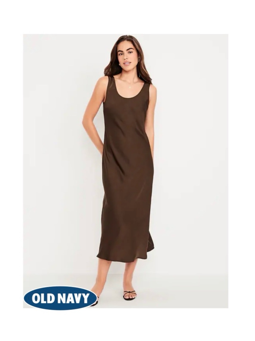 Old Navy Dark Brown Scoop Neck Sleeveless satin Midi Dress